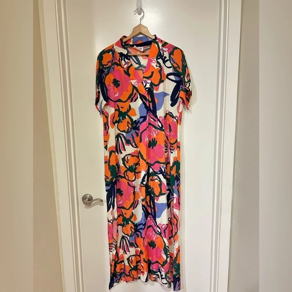 Anthropology Bel Kazan Poppy Short Sleeve VNeck Side Slit Maxi Kaftan Dress XS/S - Picture 4 of 10
